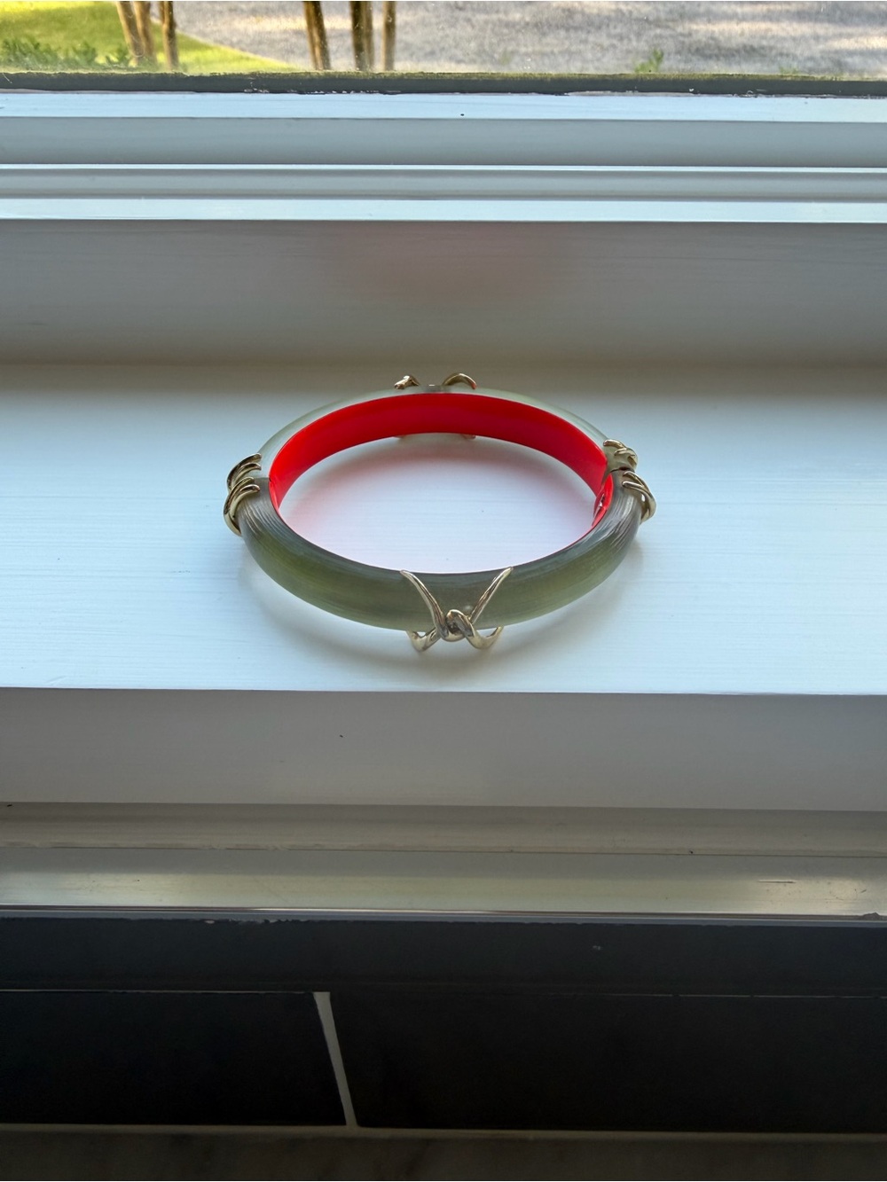 Alexis Bittar Olive Green and Red Resin Bangle with Gold Knots